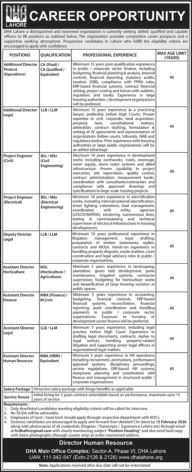 Read more about the article DHA Lahore Jobs 2026 February Assistant Directors & Others Defence Housing Authority