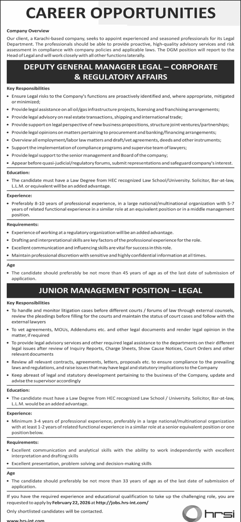 HRSI Pakistan Jobs February 2026 Apply Online Deputy General Manager & Junior Management Position