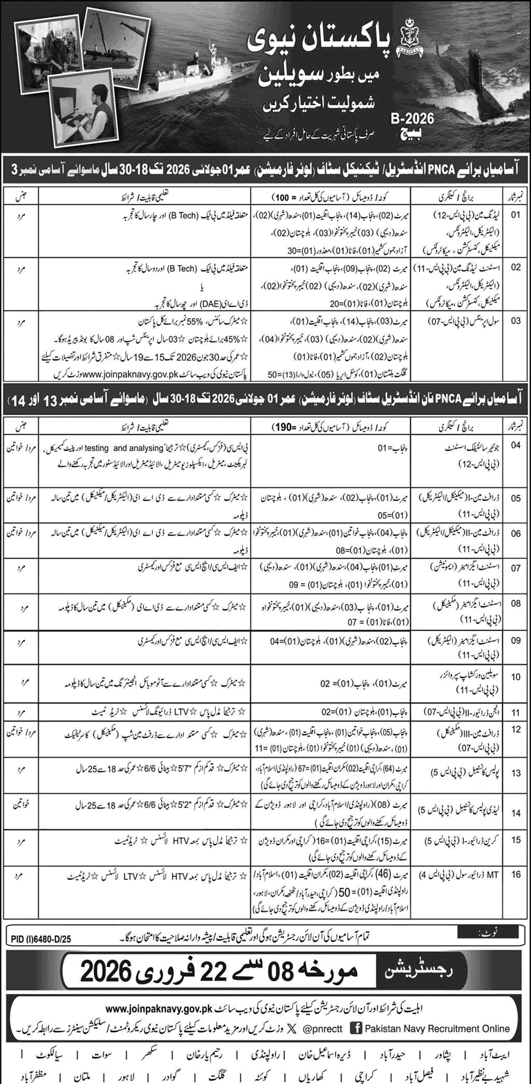 Pakistan Navy Civilian Jobs 2026 February Online Registration Join PN B-2026 Batch 